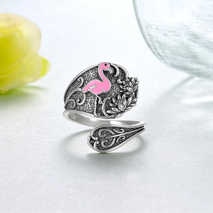 Spoon Rings for Women 925 Sterling Silver Hummingbird/Butterfly/Bee/Red Cardinal/Pink Flamingo Adjustable Thumb Rings Vintage Boho Antique Jewelry Gifts