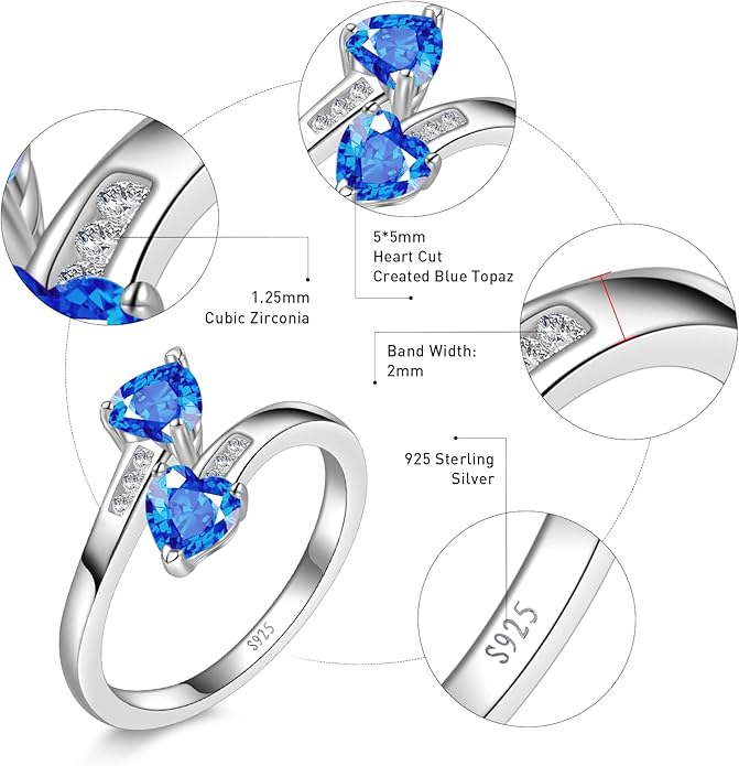 1CT Adjustable Women Heart Ring 925 Sterling Silver Birthstone Rings for Women Promise Ring for her Simulated Gemstone Statement Stackable Band Width 2mm Open Size 5~9