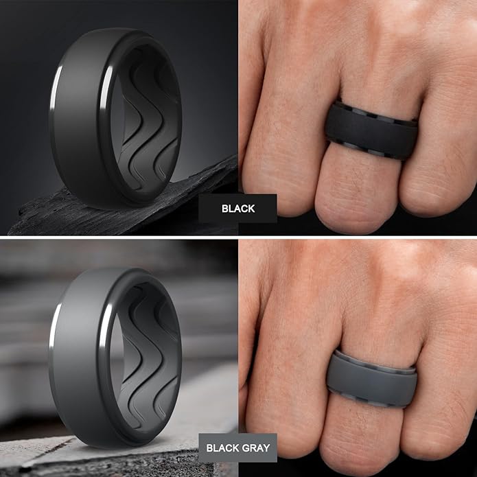 Egnaro Men's Silicone Rings 10mm Wide 2.5mm Thick, Rubber Wedding Bands with Inner Arc Ergonomic Breathable Design, 1/4/5/7 Variety Multipack