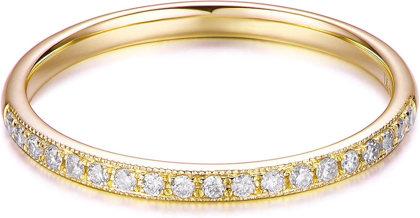 14K Gold 2mm Wedding Band Ring Womens Band Ring 2mm Stacking Ring 14K Gold Moissanite Half Eternity Ring for Women