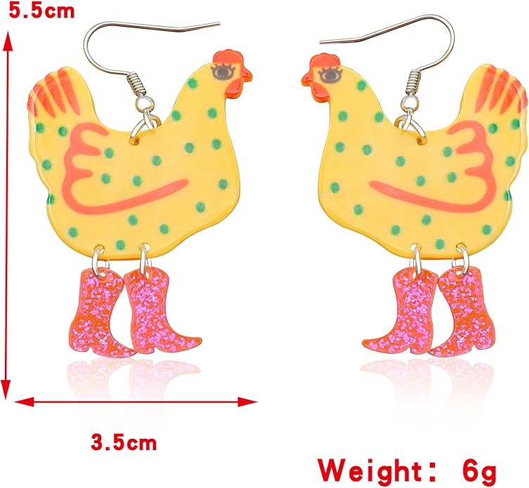 Acrylic Boot Big Chicken Earrings,Funny Colorful Boots Chicken Drop Dangle Earrings,Cock Hen Foot Chicken Earrings for Women Farm Design Lovely Gift