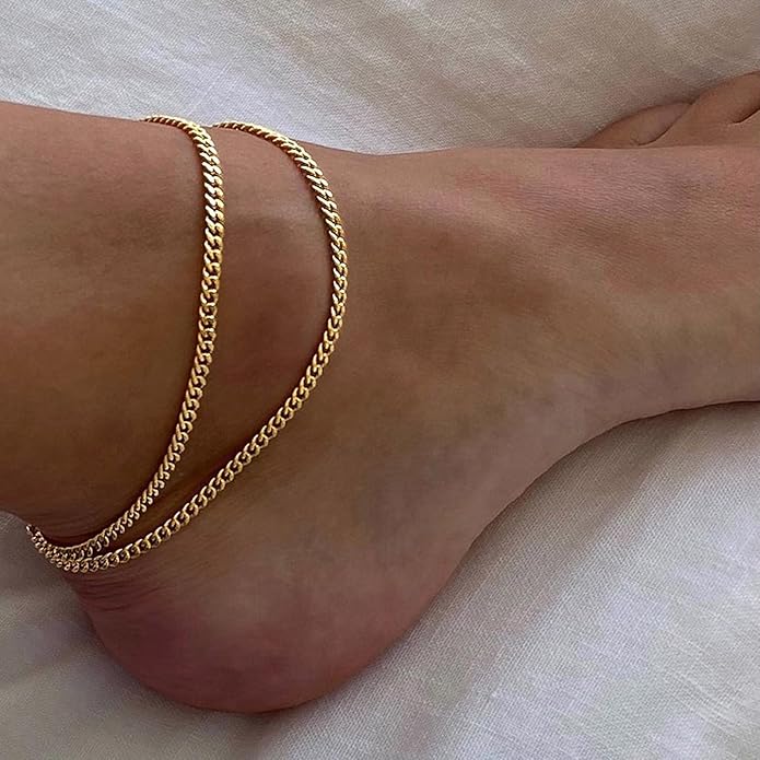 DEARMAY Dainty 14K Gold Plated Ankle Bracelets for Women, Waterproof 14K Gold Plated Link Chain Anklets Non Tarnish Set Pack Summer Beach Jewelry Gift