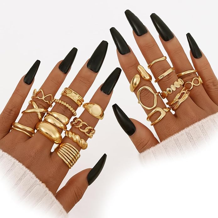 KISS WIFE Goldenen Silvery Black Kunckle Rings Set for Women, Dainty Simple Trendy Cute Stackable Finger Rings Pack, Perfect for Stacking Layering on Thumb and Knuckle, Mixed Size, Jewelry Gift