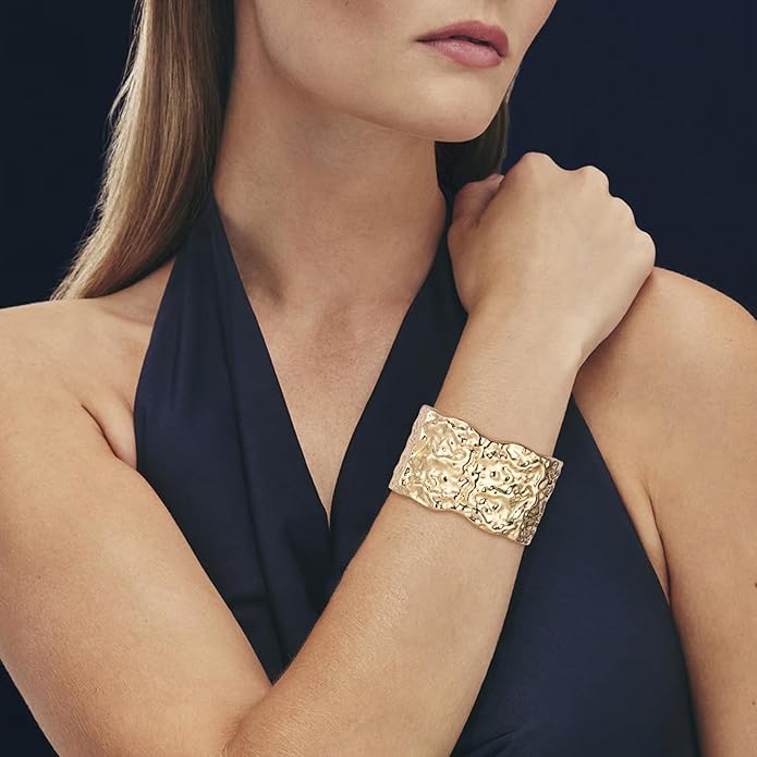 HZMAN 18K Gold Plated Wide Cuff Bracelet for Women - Premium Alloy Shiny Polished Double Layer Statement Bangle, Trendy Daily Wear Party Jewelry Accessory