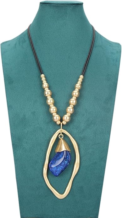 GelConnie Leather Necklace for Women Large Pendant Long Brown Necklace Circle Leather Choker Vintage Sweater Necklace Gold Chunky Boho Necklaces for Women