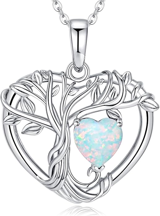 Tree of Life Necklaces for Women 925 Sterling Silver Heart Pendant Birthstone Necklace Created Gemstone Jewelry for Her, 18"+2"