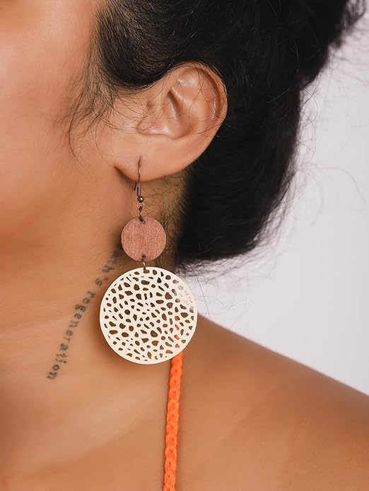 MINACHI Bohemian Hollow Cut-Out Wood Leather Dangle Drop Earrings, Boho Chic Hippie Statement Jewelry Gift for Women