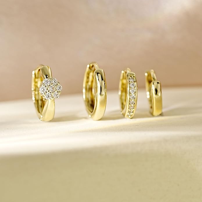 4Pairs Statement Gold Hoop Earrings for Women Trendy,Surgical Steel Gold Plated Hoop Hypoallergenic Earrings Set,Titanium Hoops Earring Stacks,CZ Cartilage Huggie Hoops Earring Gifts for Girlfriend