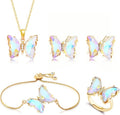 MISS RIGHT Butterfly Crystal Jewelry Set with Butterfly Necklace Stud Earrings Bolo Bracelet Adjustable Ring for Women Trendy, Iridescent Y2K Dainty Butterfly Jewelry Gifts
