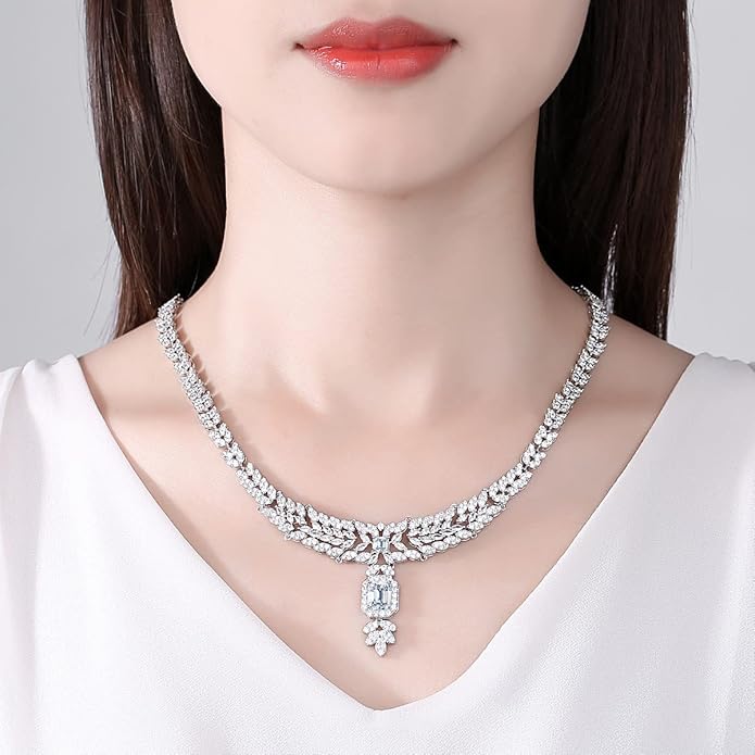 14K Gold Women's Jewelry Set, Natural Crystal Necklace & Moissanite Earrings, Luxurious Bridal/Wedding Fashion Accessory