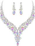 BriLove Women's Wedding Bridal Austrian Crystal Teardrop Flower Cluster Statement Necklace Dangle Earrings Jewelry Set for Party Prom