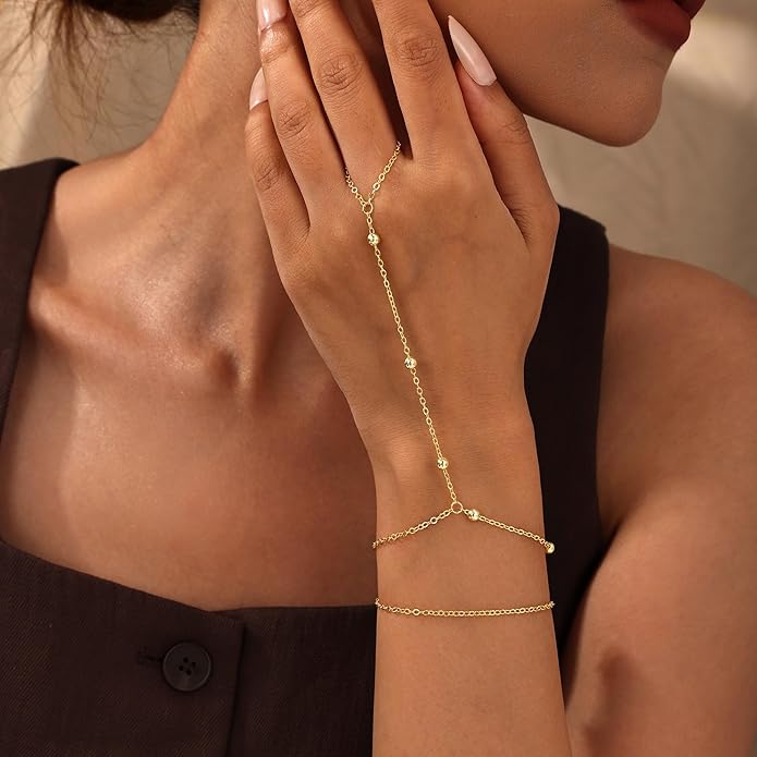 CHESKY 14K Gold Plated Hand Chain Bracelets for Women Set - Dainty Finger Ring Bracelet Stack Adjustable Hand Chains Durable Beaded Bracelets Trendy Simple Body Jewelry Gift for Women