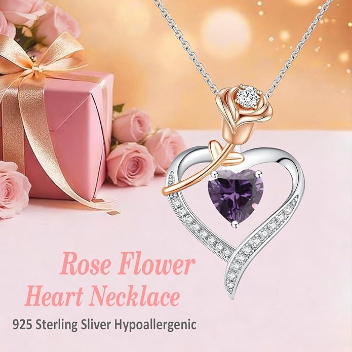 immobird Rose Gold Heart Necklace Birthstone Jewelry Sterling Silver Jewelry Plated White Gold Valentine's Day Gift Women for Wife Mom Necklace for Women