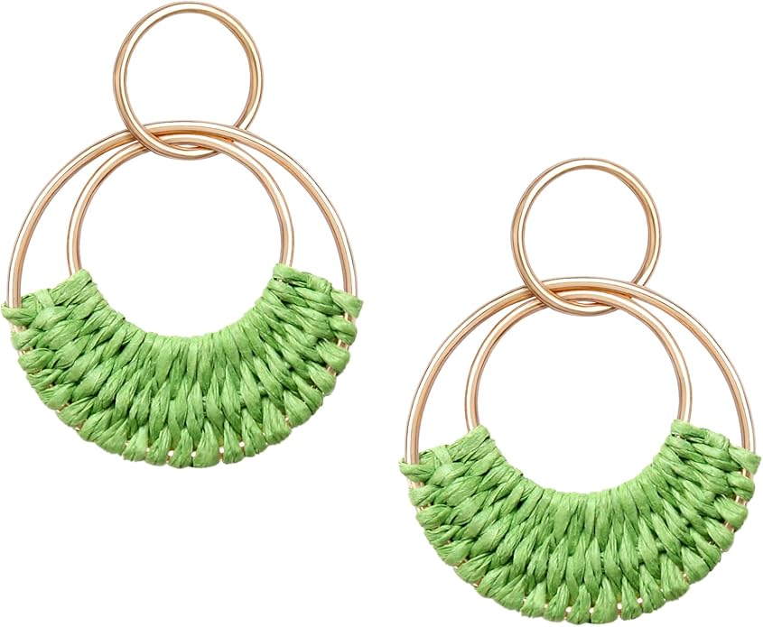 Raffia Hoop Earrings for Women Fun Boho Summer Beach Earrings Lightweight Handmade Straw Wicker Rattan Dangle Earrings Statement Geometric Round Drop Earrings