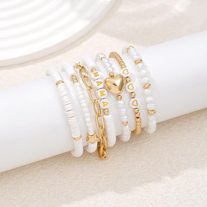 Heishi Beaded Stretch Bracelets for Women Stackable Polymer Clay Beads Bracelets Friendship Boho Summer Beach Bracelet Jewelry Set