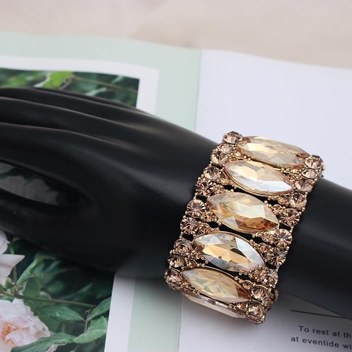 Women’s Elegant Wedding Bridal Crystal Double Row Marquise-Shape Leaf Stretch Bangle Bracelet Bride Jewelry for Women