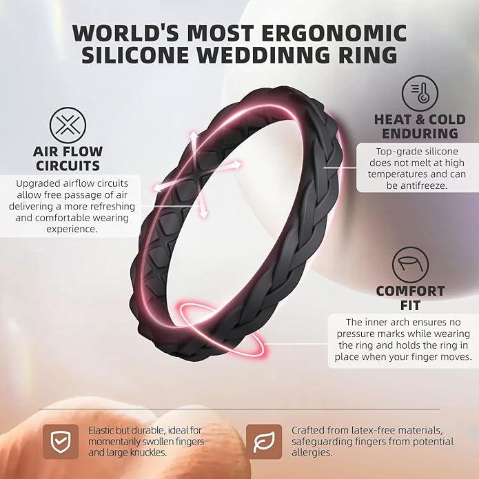 Egnaro Women's Wedding Bands, Silicone Thin and Stackable Rubber Engagement Ring, Variety Multipack With Breathable Grooves Workout Accessories