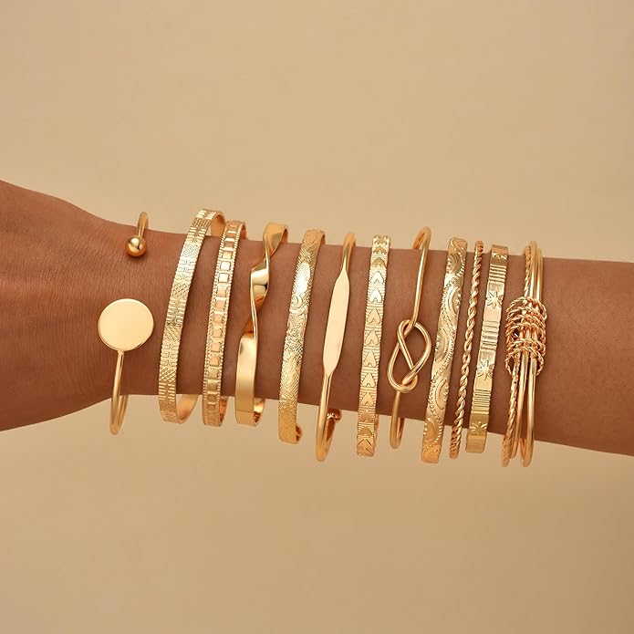 ÌF ME Gold Bangle Bracelets for Women, Indian Bangles Stackable Set, Multi Layer Textured 14K Gold Plated Chunky Bracelets Boho Jewelrys Set