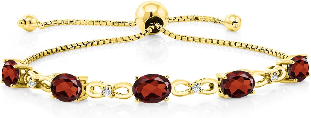 Gem Stone King 7X5MM Oval Cut Gemstone Birthstone and Accent Lab Grown Diamond Tennis Bracelet For Women In 18K Yellow Gold Plated Silver | Adjustable Bolo Bracelet For Women | Easy-On Easy-Off