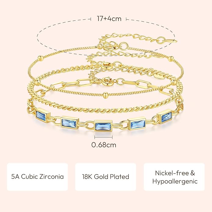 Gold Birthstone Bracelet for Women, 18K Gold Plated Layered Jewelry Bracelet Set, Womens Dainty Stackable Bracelets Link Paperclip Chain Valentines Day Gift for Wife Her