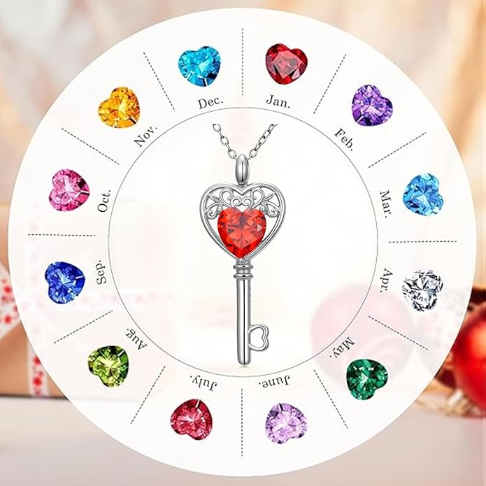 WSX Heart Key Birthstone Necklace for Women 925 Sterling Silver Love Key Pendant with Birthstone Valentine's Day Anniversary Jewelry Gift for Her