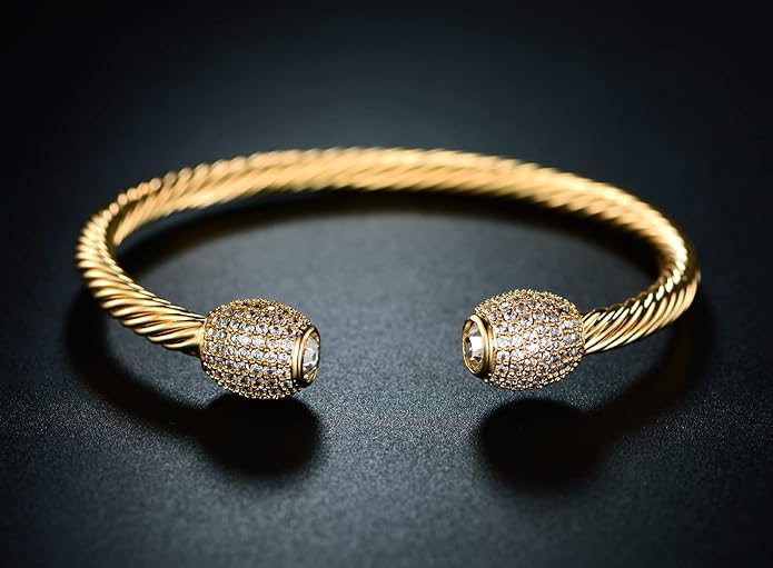 Barzel 18K Gold Plated Crystal Cable Bangle Bracelet For Women - Cuff Bangle Bracelet