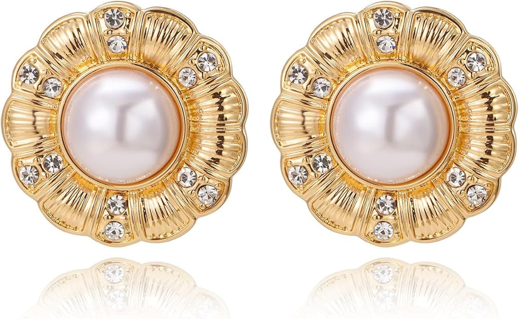 Statement Chunky Gold Earrings for Women,Crystal Rhinestone Accents Large Stud with Stone and Pearl