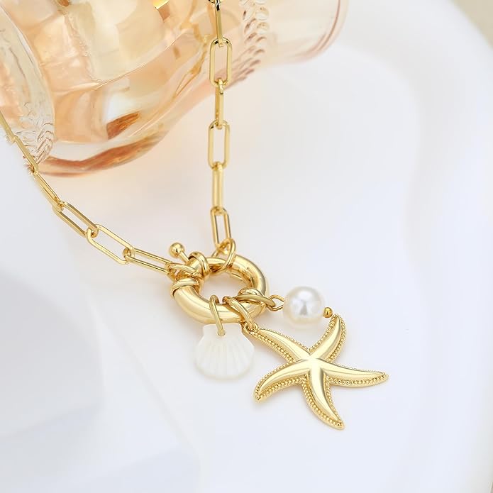 MISS RIGHT Dainty Gold Evil Eye Hamsa Hand Coin Lucky Charm Pendant Necklace for Women Trendy Vintage Paperclip Chain Sun Moon Clover Flower Chunky Charm Necklace Jewelry Gifts