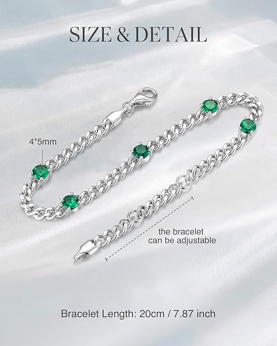 FANCIME 925 Sterling Silver 3.6mm Cuban Link Curb Chain Bracelet With Created Gemstone for Women Men Unisex