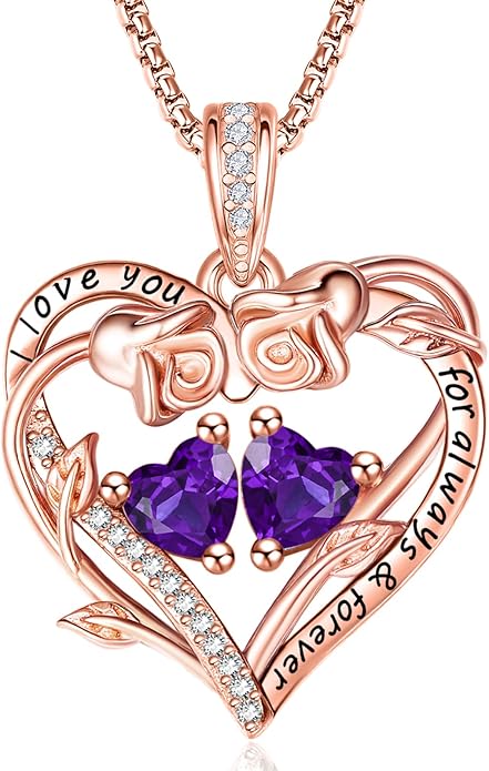Rose Heart Necklaces for Women, Rose Gold Forever Love Jewelry with 2 Birthstones Pendant,Valentines Anniversarry Birthday Gifts for Her Wife Mom Grandma Daughter, 18+2 Inch Chain