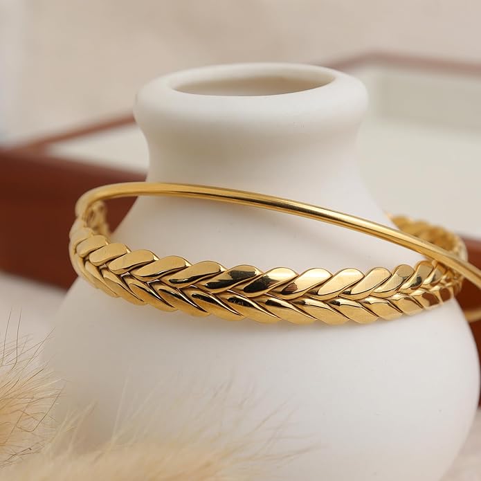 Dainty Gold Cuff Bracelets Set for Women, Non Tarnish Statement Wide Bangle Adjustable Wheat Braided Twisted Open Bracelet Beach Wedding Fashion Jewelry Gifts.