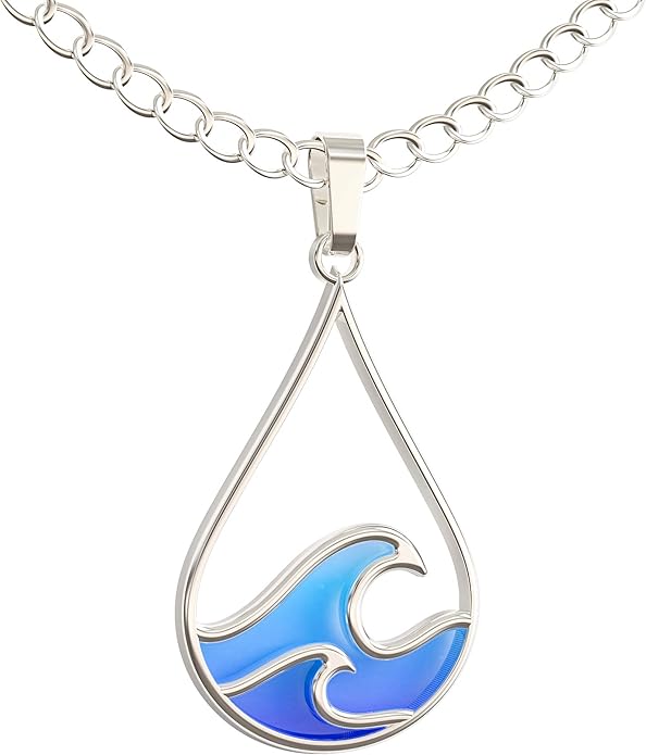 Happy Kisses Silver Wave Necklace - Beach Jewelry for Surfers and Sea Lovers - Motivational Drop Shape Pendant with Gift Message Card