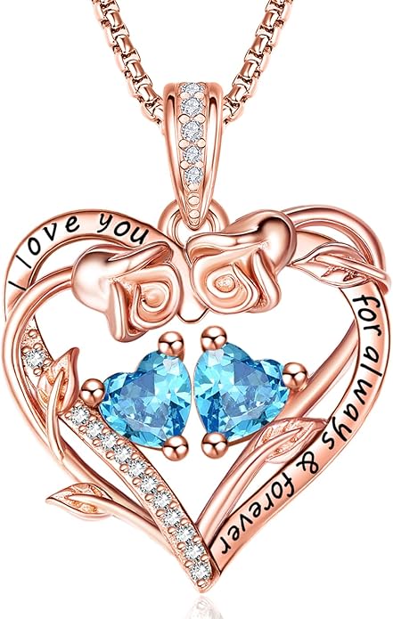 Rose Heart Necklaces for Women, Rose Gold Forever Love Jewelry with 2 Birthstones Pendant,Valentines Anniversarry Birthday Gifts for Her Wife Mom Grandma Daughter, 18+2 Inch Chain