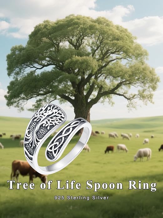Midari Sun and Moon/Bee/Celtic/Life of Tree/Lotus Spoon Ring for Women 925 Sterling Silver Adjustable Ring Open Ring for Women Men Halloween Birthday Gift
