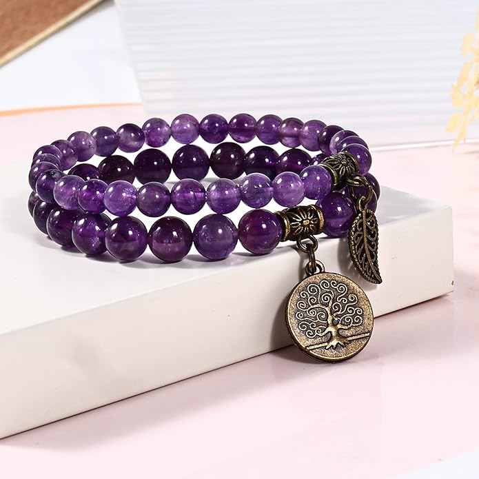 Bivei Natural Semi Precious Gemstone beads bracelet for women - Life Tree and Leaf Charm Energy Reiki Crystal Stretch Bracelets
