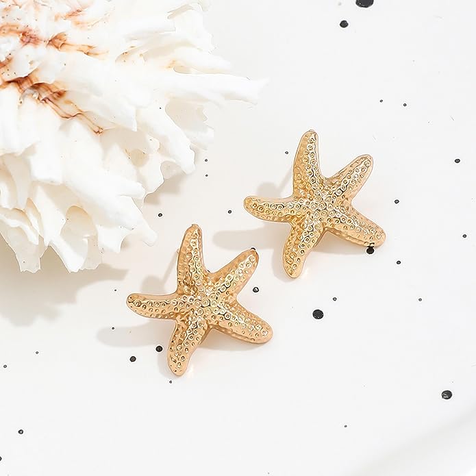 Gold Starfish Earrings for Women Trendy Dainty Starfish Statement Stud Earrings Hypoallergenic Summer Beach Ocean Coastal Jewelry