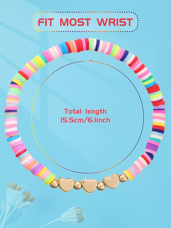 Sureio 24 Pcs Valentines Friendship Bracelets for Kids Colorful Heart Surfer Bracelets Stackable Stretch Beaded Jewelry for Girls Women Valentine's Gifts Birthday Party Favors