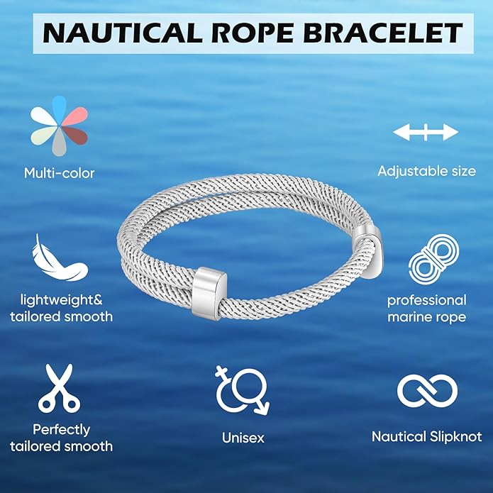 TempBeau Nautical Braided Rope Bracelets Set - 6 Pcs Adjustable Braided Cord Bracelet, Handmade Navy Marine String Bracelet with Metal Knot, Men Women Braided Bracelets Gifts