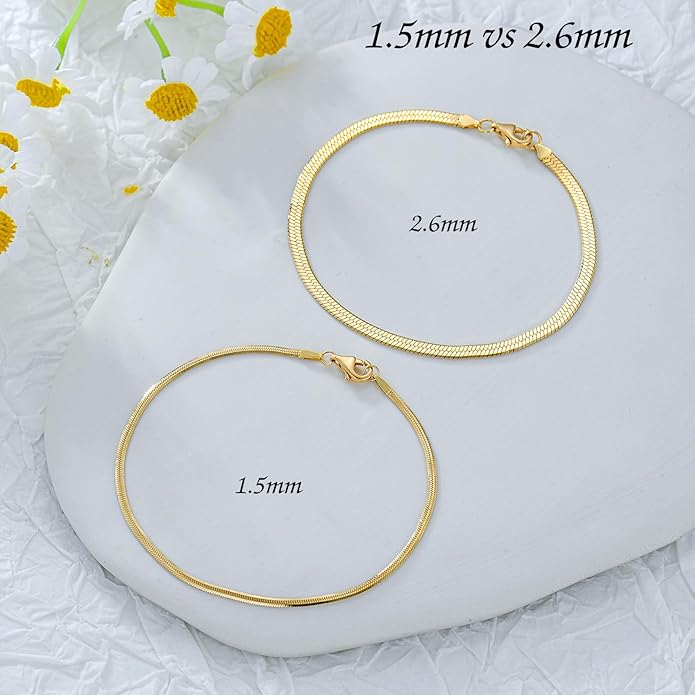 14K Yellow Gold 6-13 Inch 1.2mm-3.2mm Chain Bracelet Anklet for Women, Cuban Link Curb/Rope/Paper Clip/Round Snake/Herringbone/Bead/Water Wave, Thin Gold Chain Bracelet Durable Strong Real 14k Gold Chain Bracelet Anklet