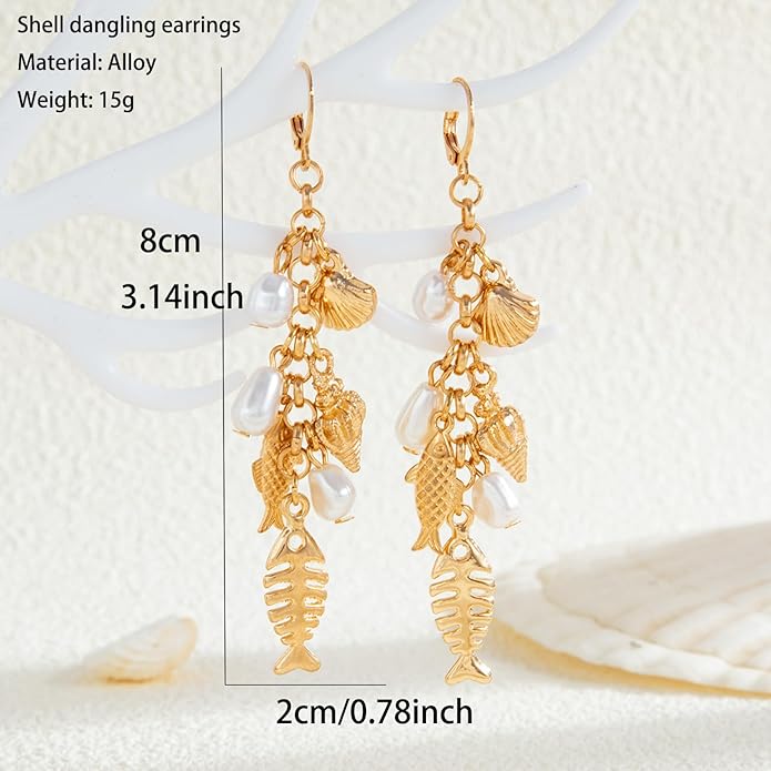 Gold Starfish Shell Earrings for Women with Pearl Beach Seashell Earrings Dangle Summer Vacation Earring for Women Beach Jewelry