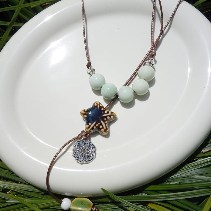 Boho Style Colorful Ceramic Bead Strand Necklace Adjustable Bohemian Jewelry Gift for Women, Fashion Clothing Matching Necklace
