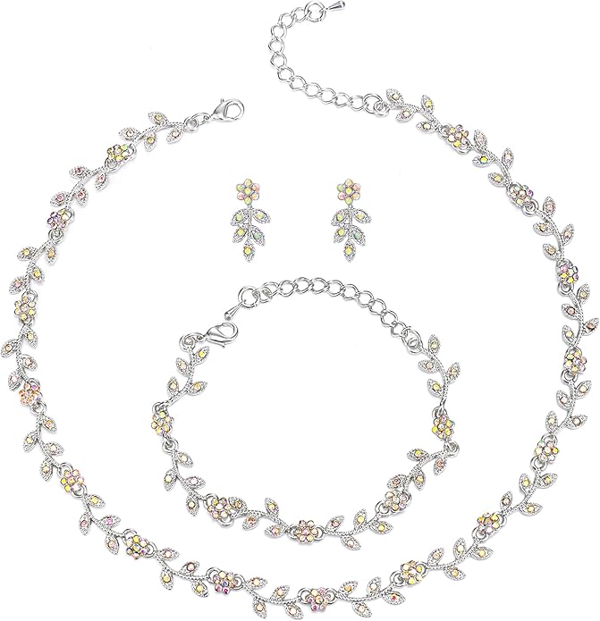 BriLove Wedding Jewelry Set for Women Bride, Gorgeous Stunning Crystal Flower Leaf Cluster Choker Necklace Link Bracelet Stud Earrings Bridal Bridesmaid
