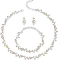 BriLove Wedding Jewelry Set for Women Bride, Gorgeous Stunning Crystal Flower Leaf Cluster Choker Necklace Link Bracelet Stud Earrings Bridal Bridesmaid