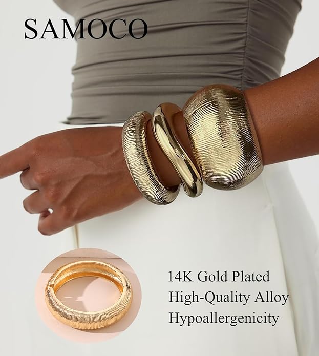 SAMOCO 3Pcs Chunky Gold Bangle Bracelets for Women Trendy Wide Wrist Cuff Bracelets Stack Statement Bangle Fashion Gifts