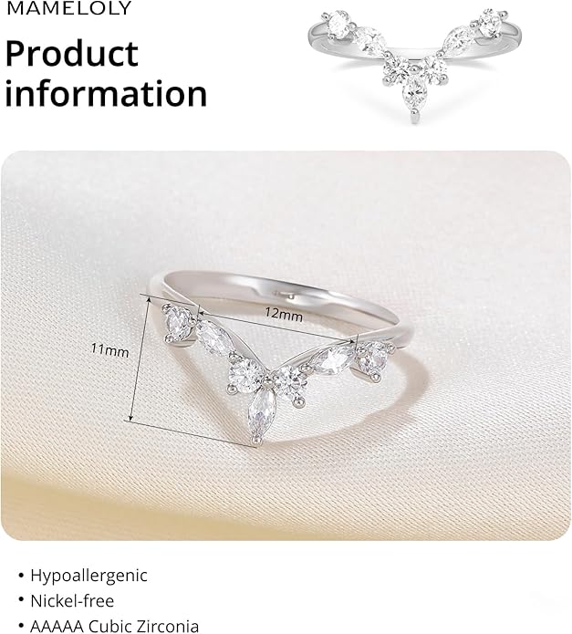 Mameloly Wedding Bands for Women Marquise & Round Shaped Stackable Cubic Zirconia CZ V Shape Curved Engagement Rings for Her Size 3-12