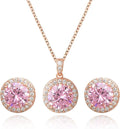 Bridal Crystal Jewelry Set - Sterling Silver Round Cubic Zirconia CZ Rhinestone Halo Birthstone Pendant Necklace Stud Earrings Set for Wedding Bride Bridesmaids Birthday Gift