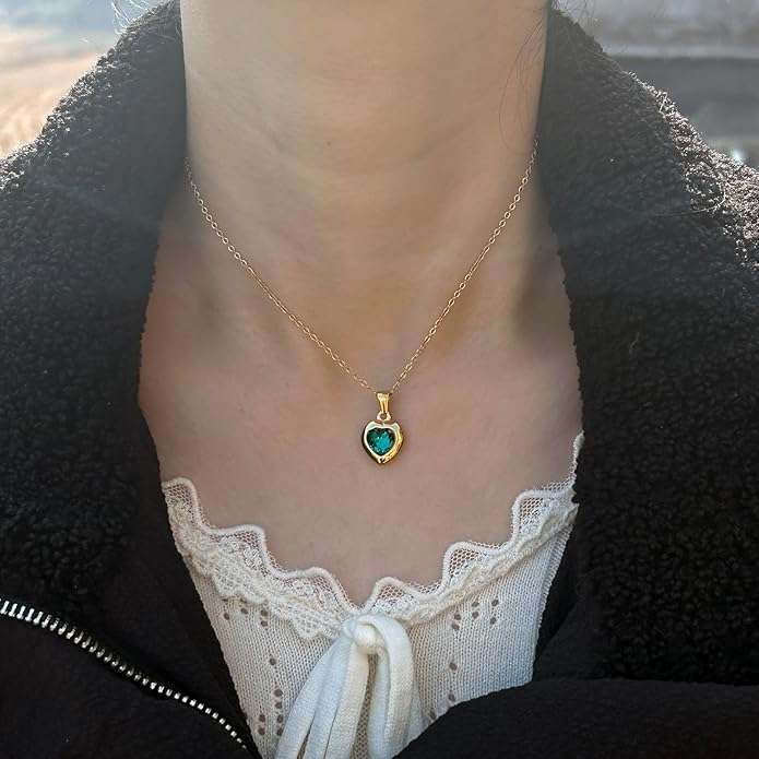 Cute Gold Heart Necklace for Women,18k Gold Plated Cubic Zirconia Charm Necklaces,Stainless Steel Women's Heart Stone Pendant Necklace for Women,16-18 Inches Adjustable Chain,Trendy Jewelry Gifts