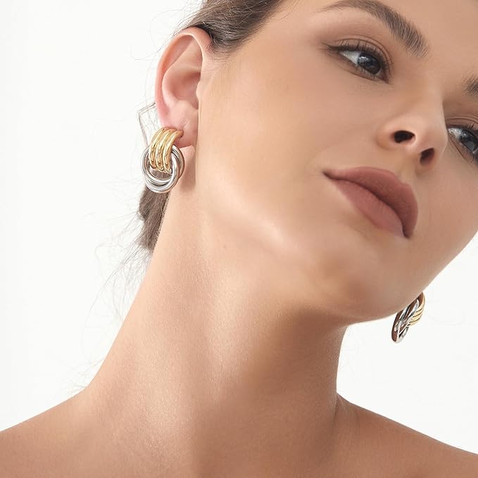 Gold Plated Chunky Gold Earrings for WomenKnot Link Circle Statement Drop Dangle Earrings Studs Trendy Jewelry (L-Size Chunky Earrings)
