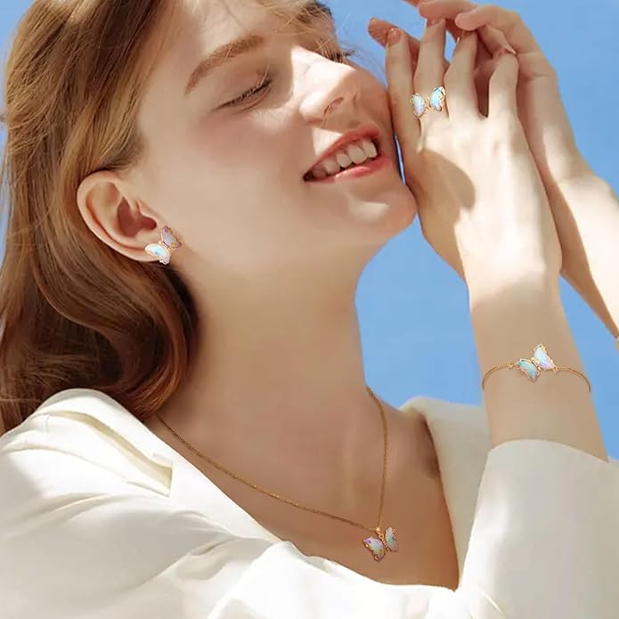MISS RIGHT Butterfly Crystal Jewelry Set with Butterfly Necklace Stud Earrings Bolo Bracelet Adjustable Ring for Women Trendy, Iridescent Y2K Dainty Butterfly Jewelry Gifts