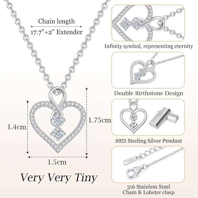 LOUISA SECRET Infinity Double Birthstone Necklace, 925 Sterling Silver Tiny Pendant Heart Necklace for Women Wife Her, Best Jewelry Gift Heart Jewelry Meaningful Gift for Valentine's Day, Christmas, Birthday Anniversary